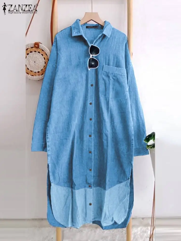 

Повседневный свободный синий сарафан ZANZEA, женское джинсовое платье-рубашка 2024, весеннее лоскутное платье с длинным рукавом, платья миди с отложным воротником