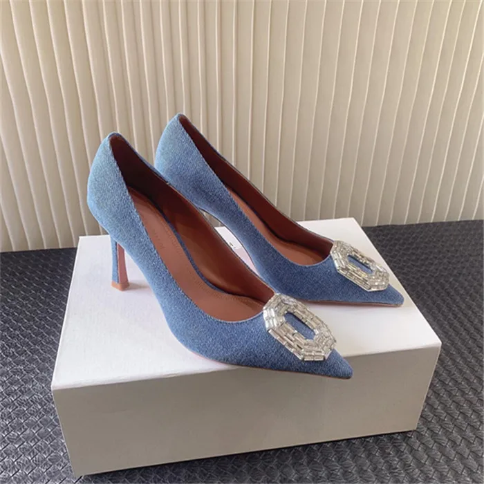 

Spring and summer 23 new Amina stiletto heels rhinestone square buckle elegant stiletto denim shoes women