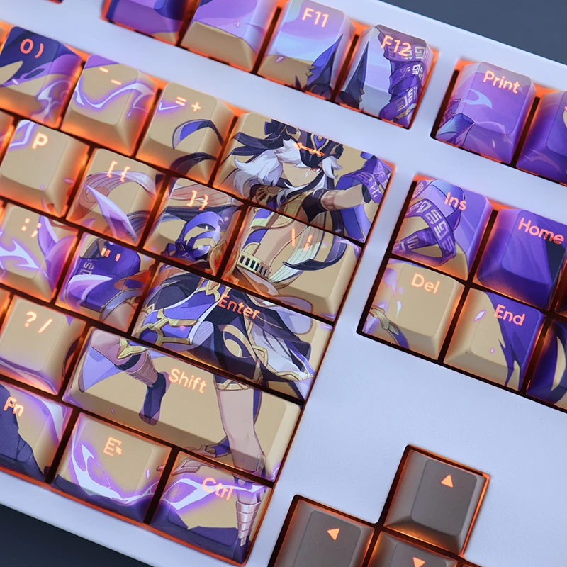 Chaves Conjunto Genshin Impacto Cyno Keycap Pbt Tintura Subbed Backlit Keycaps dos Desenhos Animados Anime Gaming Key Caps para Ansi 61 87 104 108 108 - Imagem 5
