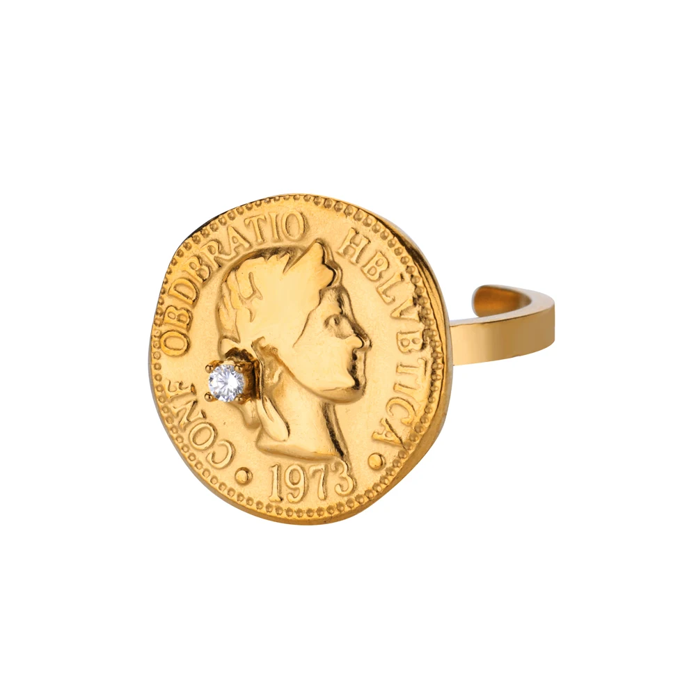 Zircon Round Portrait Rings Gold Color Stainless Steel Womens Opening Ring
