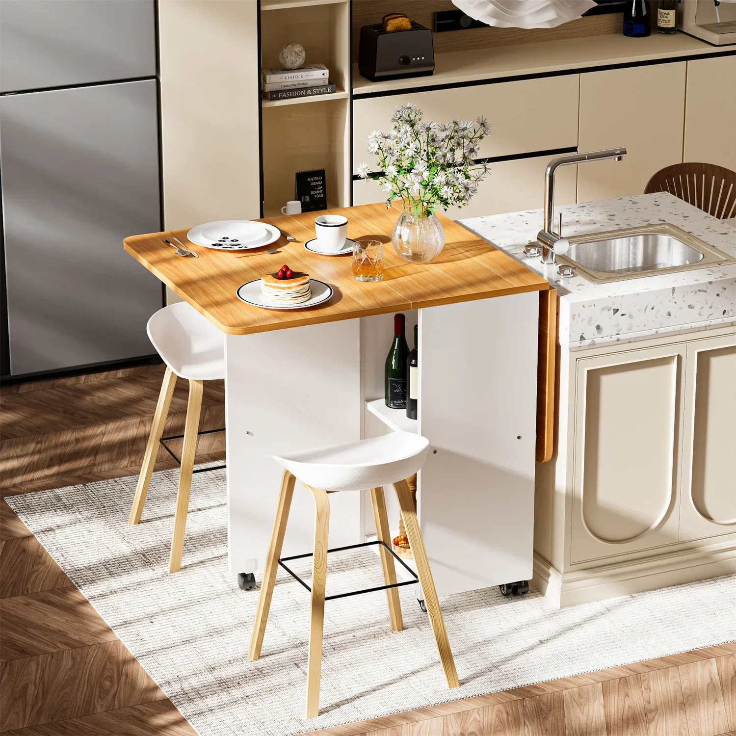 Folding Table With Wheels Mobile Folding Dining Table With Shelf Wood Extendable Dining Storage Table For Kitchen Living Room