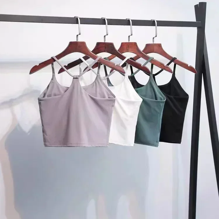 Lemon Women Gym Sports Tank Top Crop Sling Movable Y-line Yoga Vest Summer Outdoor Jogging Fitness Shirts Built In Bra Crop Top