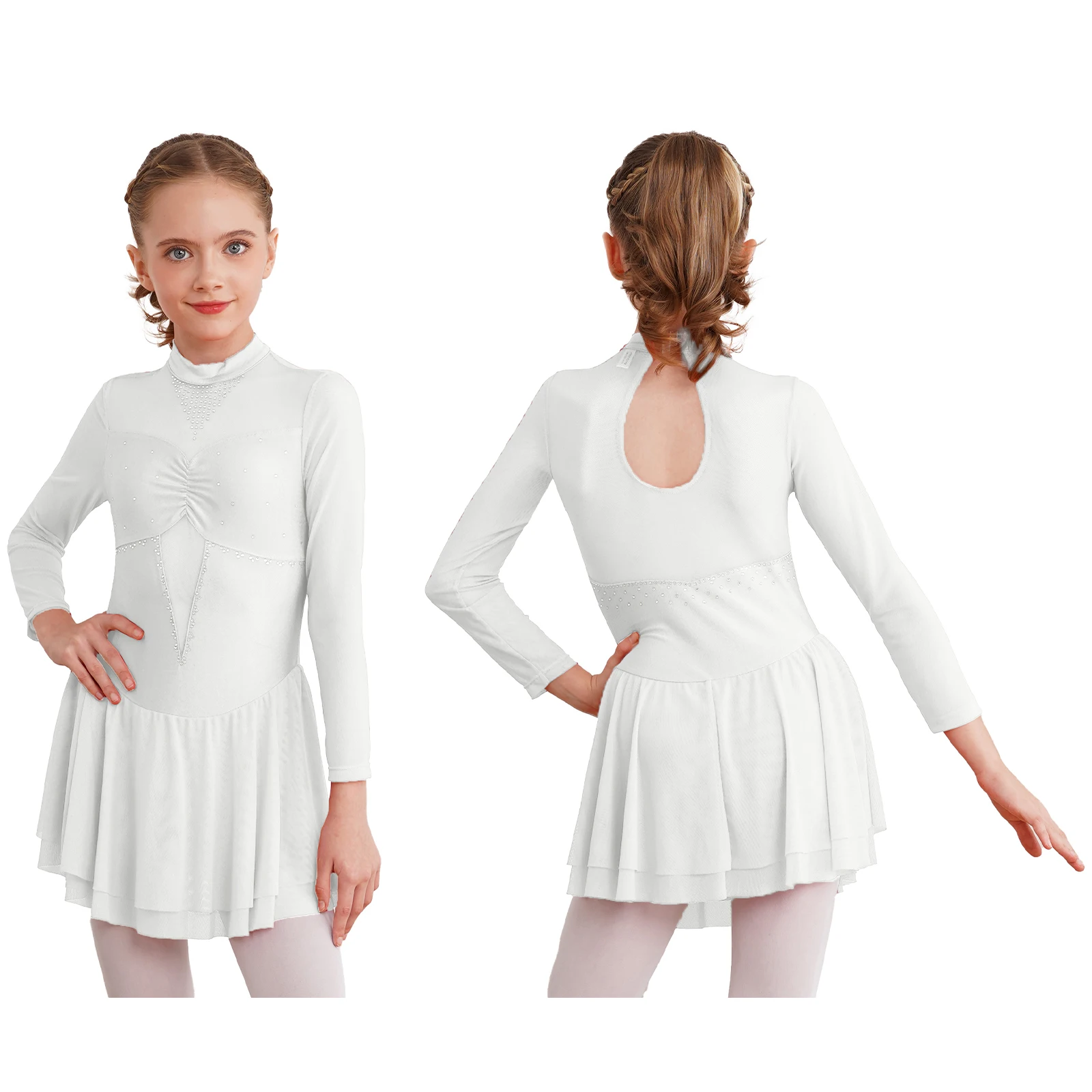thumbnail image 1 of Vestido de tul y malla de gimnasia para niñas, ropa de baile, manga larga, cuello redondo, brillantes diamantes de imitación, para patinaje artístico, baile de salón, 1 of 5
