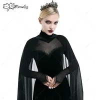 MEOWCOS Women Gothic Punk Round Collar Long Dress Cute Ruffled Chest Sheer Sexy Long Sleeve High Split Velvet Goth Floor Dress