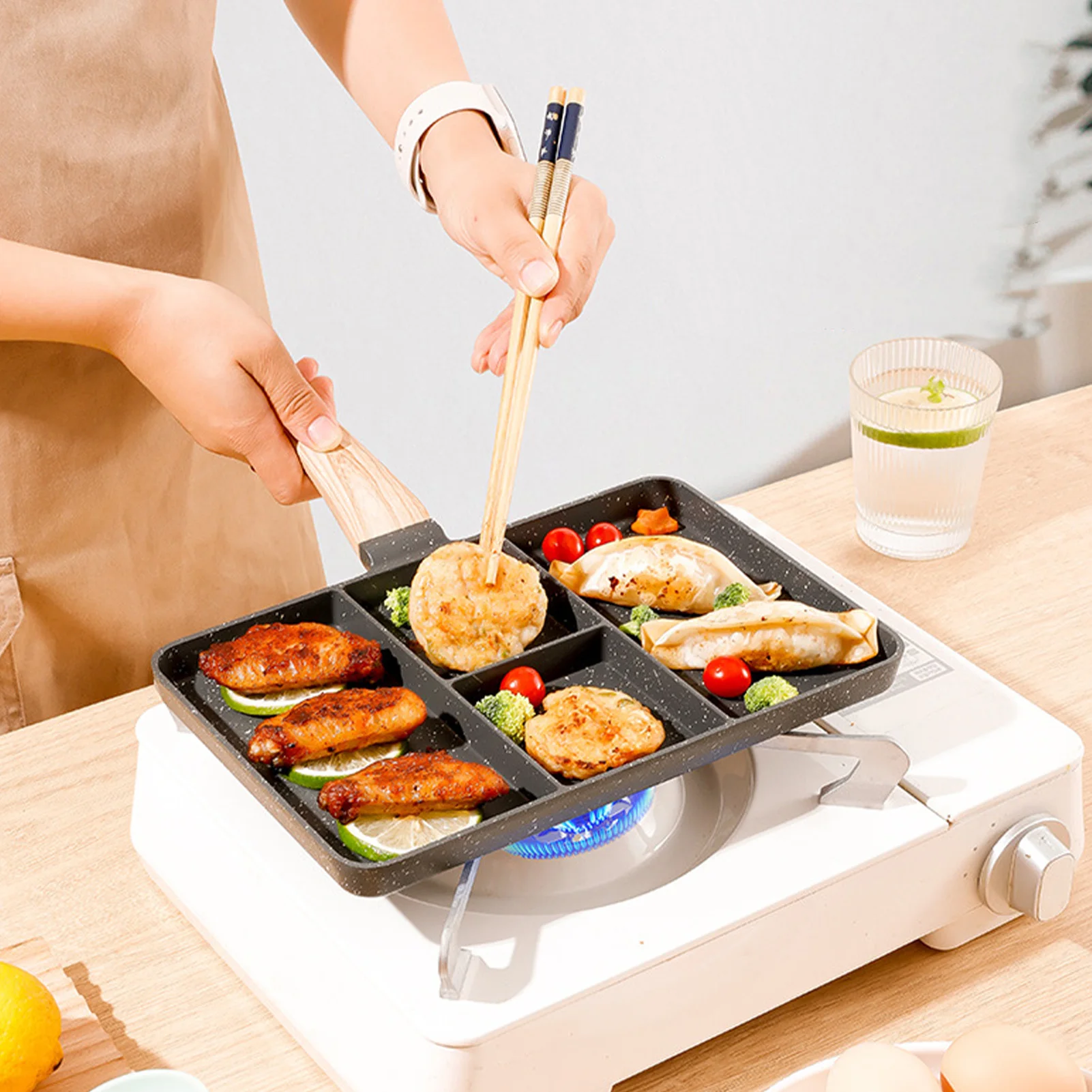 Nonstick Grill Pan Heat Resistant Divided Grilling Pan Multifunctional Portable Frying With Section Skillet kitchen supplies