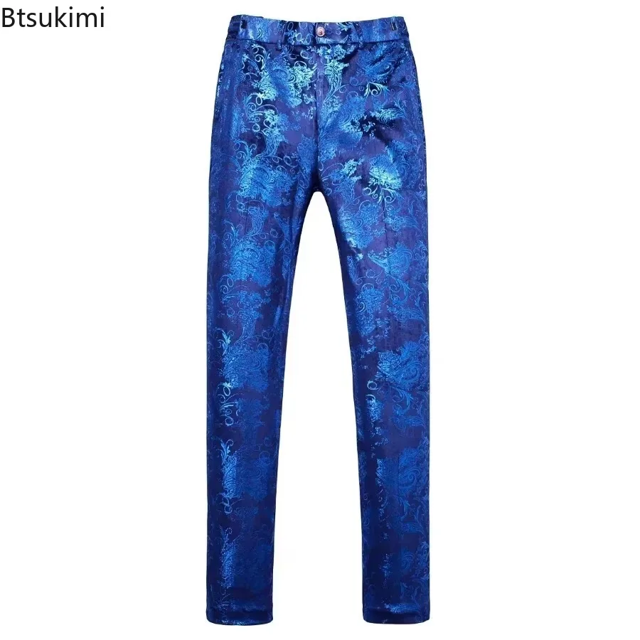 Men's Luxury Gold Stamping Floral Suit Pants Casual Flat Front Expandable Waist Trousers Party Wedding Prom