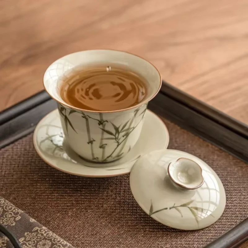 Hand Painted Green Bamboo Tea Tureen ceramic Chawan Gaiwan Supplies Puer Jingdezhen Bowl Cover Cup Chinese Porcelain Tableware