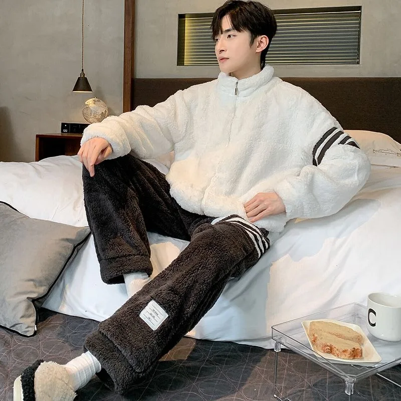 2024 New Pajamas Men's Winter Coral Fleece Thickened Loungewear Junior Sleepwear Stand Collar Zipper Homewear Two-Piece Set