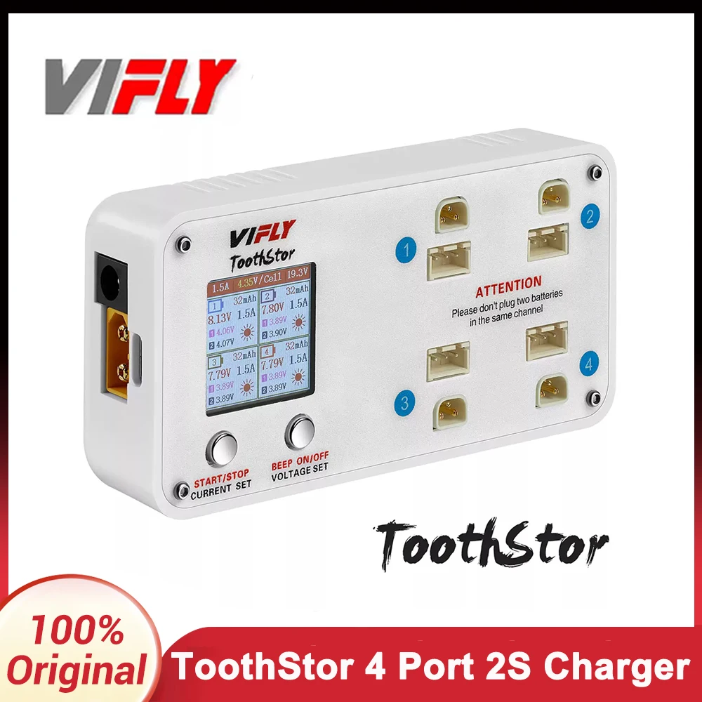 VIFLY ToothStor - 4-портовое балансное зарядное устройство 2S с режимом хранения, поддерживает BT 3.0 и XH2.54 для RC FPV гоночного дрона для фристайла