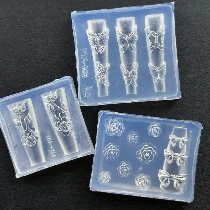 3D Silicone Bow Flower Nail Carving Mold - Transparent Butterfly Rose Floral Template, DIY Nail Art Decoration Manicure Tools