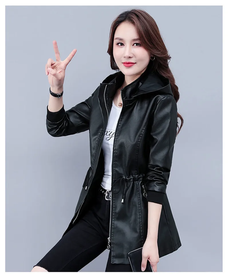 2022 New Women Jacket Black PU Faux Leather Jackets Zipper Basic Coat Turn-down Collar Hooded Motor Biker Jacket Outerwear long puffer jacket