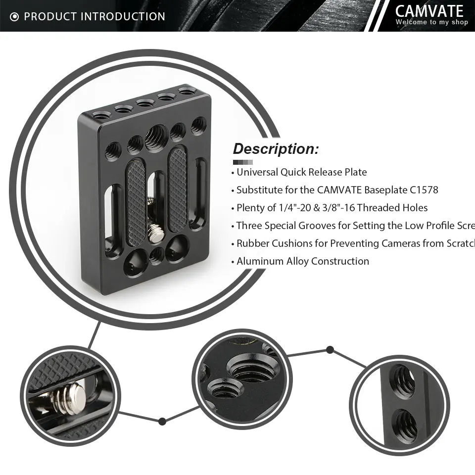Camera Baseplate Quick Release Plate WIth 1/4"-20 & 3/8"-16 Threaded Holes For C