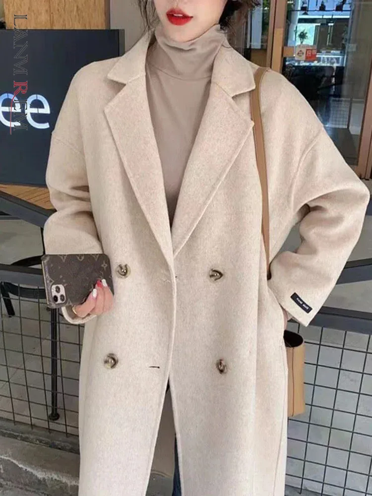 

LANMREM Winter Woolen Mid Length Coat Women Notched Collar Double Breasted Solid Color Clothing Fashion 2023 New 2AA4090