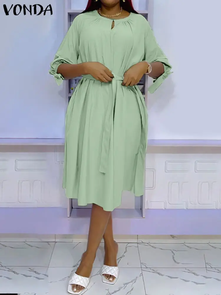 

VONDA Women Fashion Midi Dress 2023 Autumn Elegant Sundress Puff Sleeve Solid Color Belted Casual O-Neck Loose Shirt Vestidos