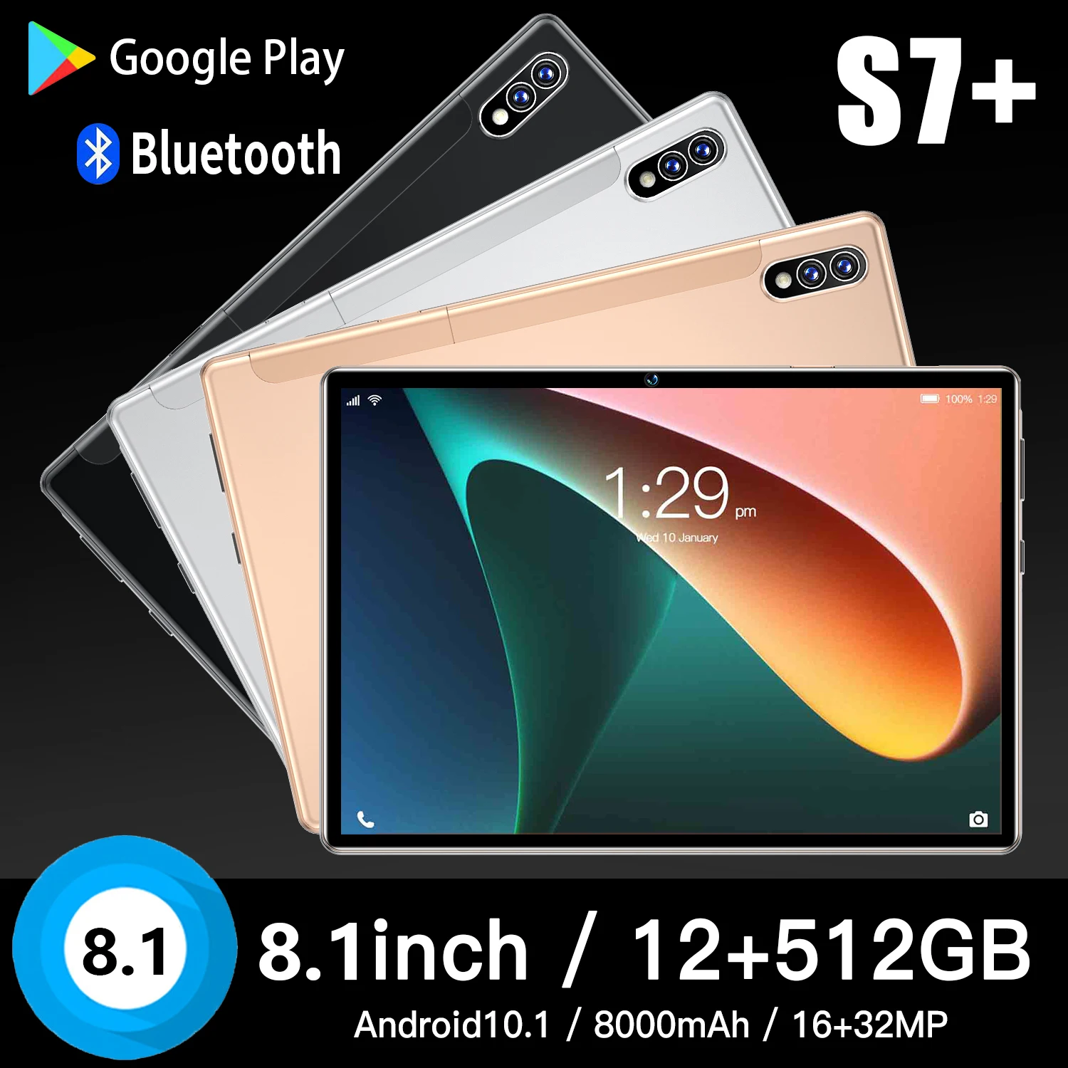 New S7+ Tablet PC 5G LTE 12GB+512GB 8.1 Inch Android10.1 8000mAh Laptop 16MP+32MP Camera Bluetooth WIFI Google Play Netbook