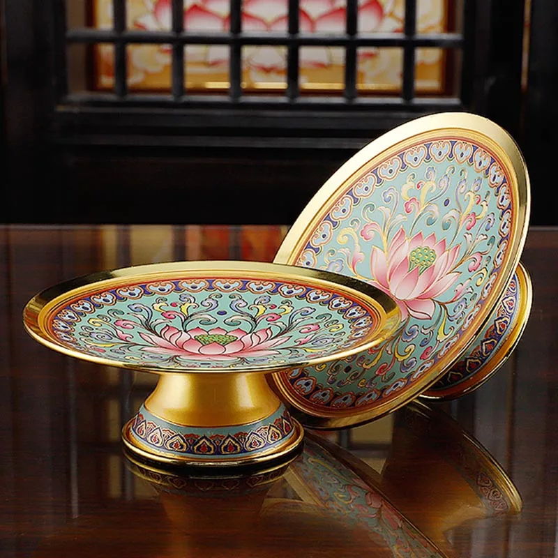 

6-9 inch Enamel Color Style Lotus Alloy Fruit Plate Offering Buddha Food Plates Buddha Hall Enshrine Decor Supplies Accessories