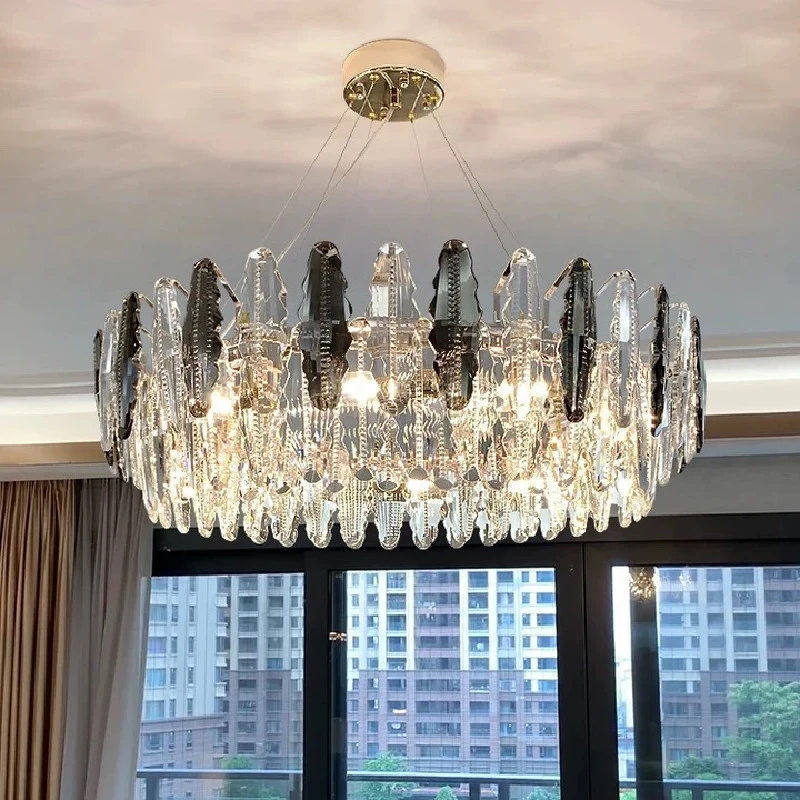 

Хрустальная люстра E14 в стиле пост-модерн с прозрачными и серыми листьями, Круглая Люстра для гостиной, спальни, модель столовой, роскошный светильник