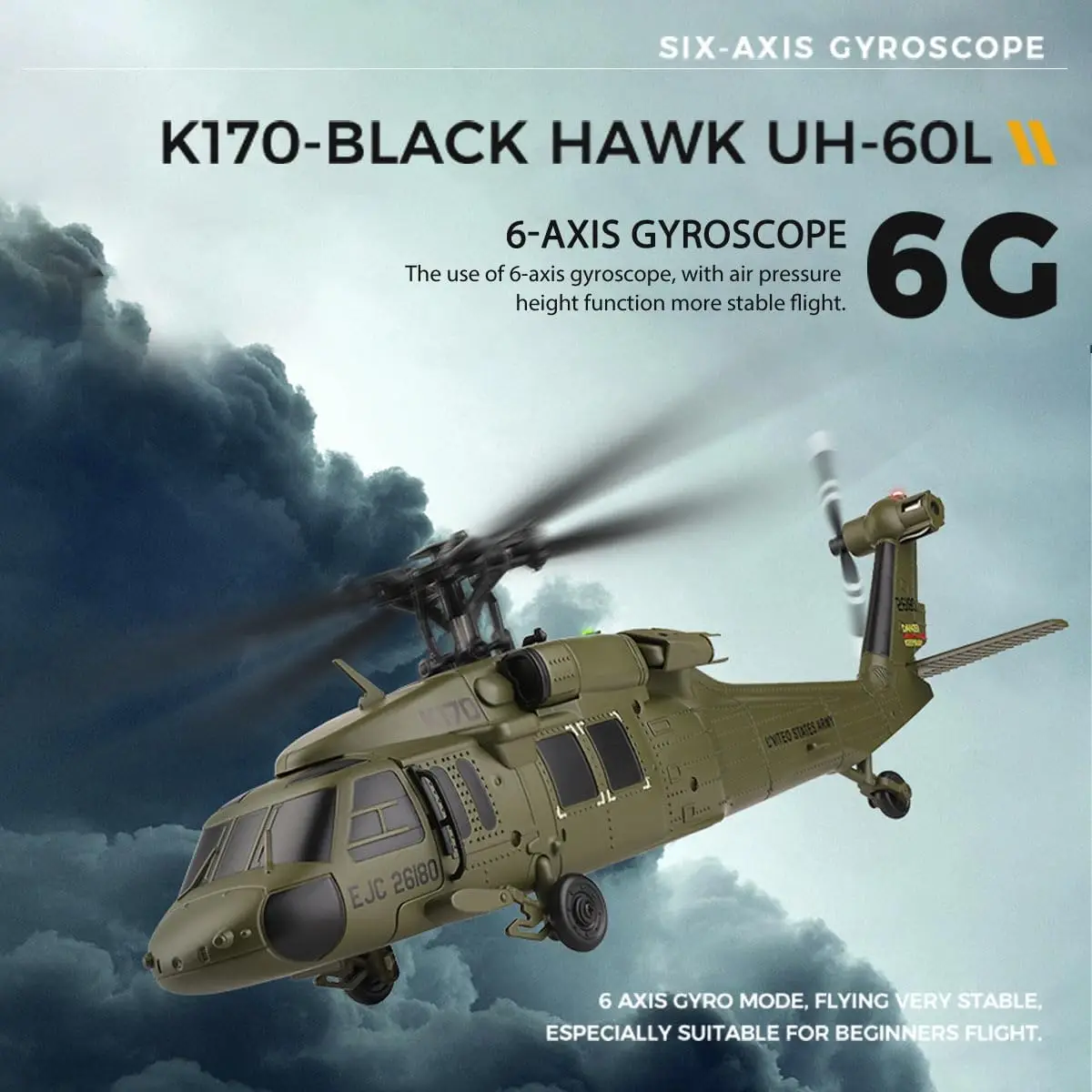 WLtoys K170 RC 헬리콥터 (자이로 탑재) UH-60L 2.4Ghz 4채널 6축 자이로스코프 RC 비행기 브러시리스 모터 LED 조명 포함 어린이용 RC 장난감