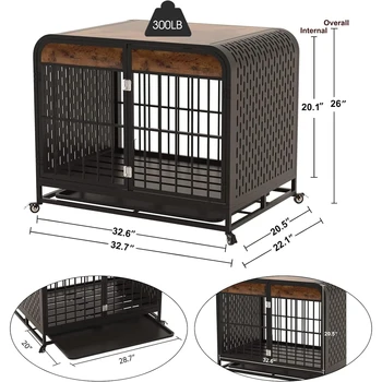 Dog Crate Furniture Wooden Table Pet Dog Cage Kennel House Indoor Side End Table Decor with Removable Trays and Lockable Wheels 2