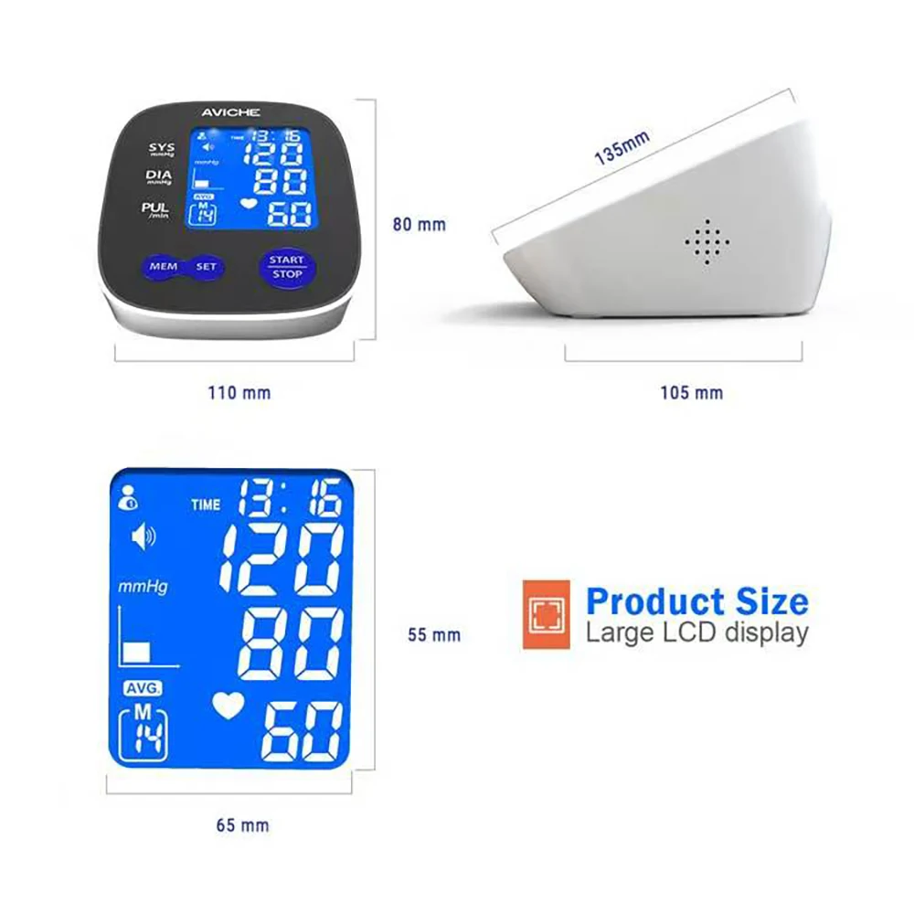 AVICHE Blood Pressure Monitor LCD Backlight Display Intelligent Voice Broadcast Blood Pressure Monitor Sleeve Length 22 to 42cm