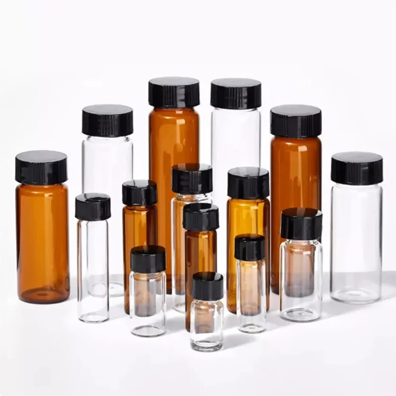 

20pcs/lot 3ml 5ml 10ml 15ml 20ml 30ml 40ml 50ml (Clear/ Brown) Glass Seal Bottle Reagent Sample Vials with Plastic Lid Screw Cap