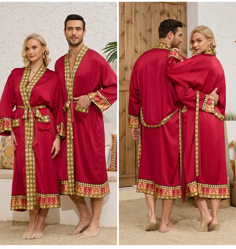 Elegant Baroque Print Silk Satin Kimono Robe