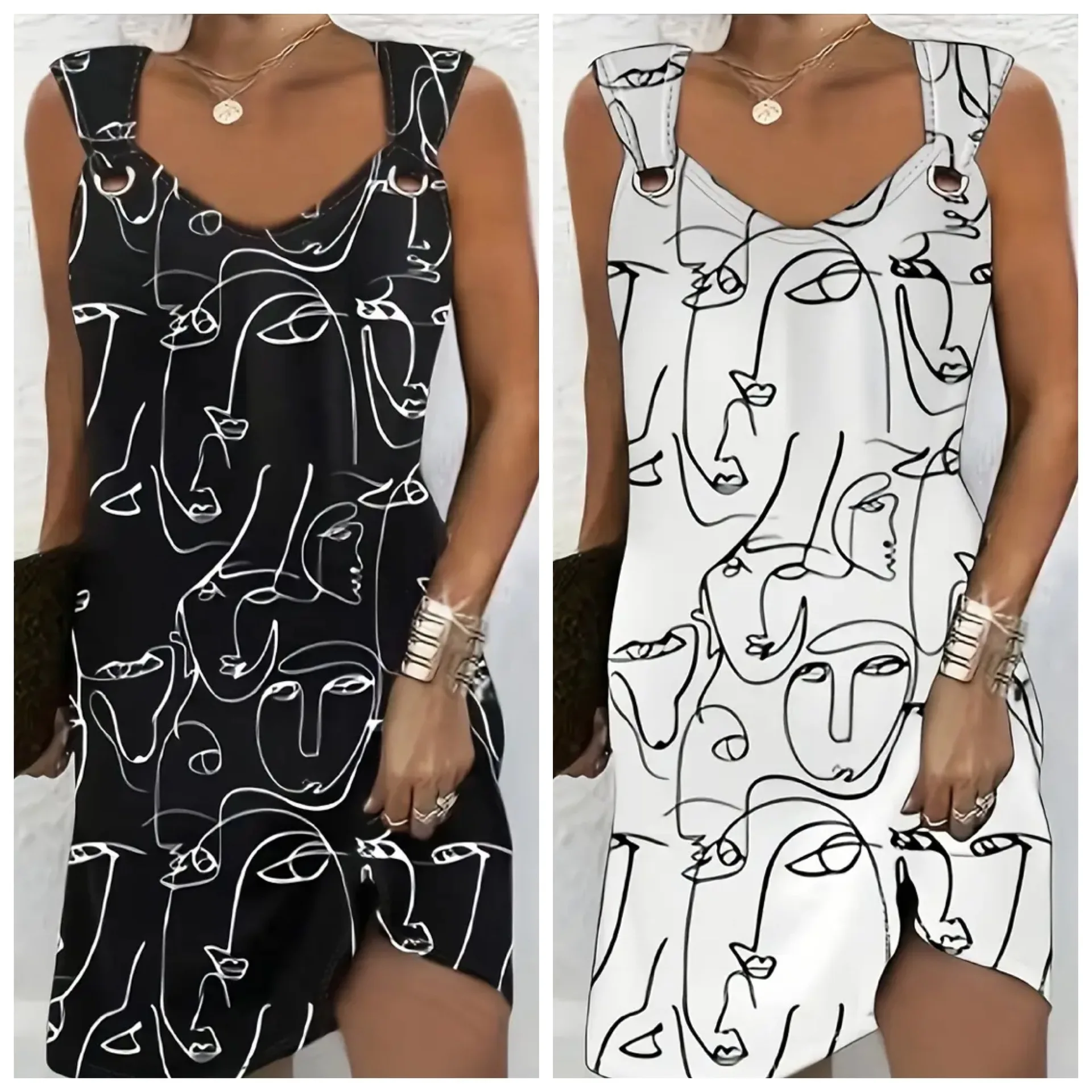 Summer Street Fashion 3D Abstract Pattern Button Design Dress Women's Casual Print Dress