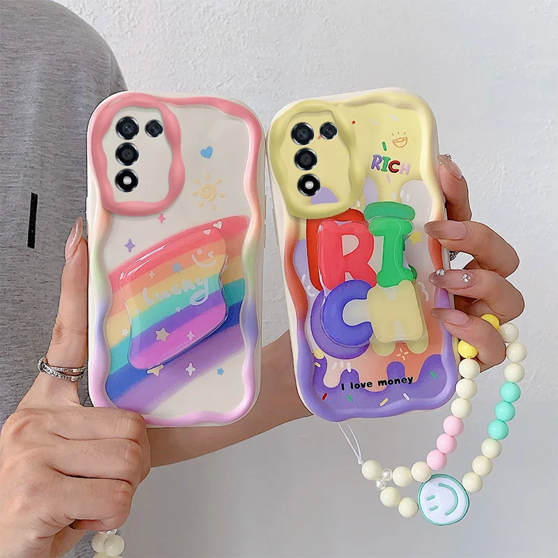 

Phone Case For Oppo Realme Q3S Q3T Realme 9 5G Speed Realme 9 5G SE Wavy Edge Creamy Cartoon With Holder And Bracelet Case Cover
