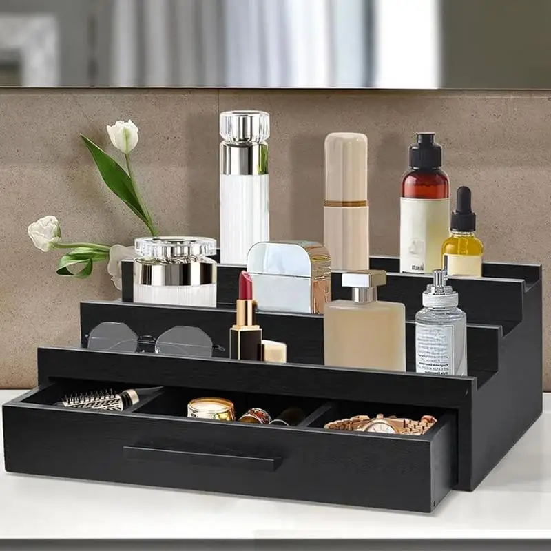Desktop Storage Rack Perfume Holder Organizer Fragrance Rack Three-Layer Perfume Holder Fragrance Display Black Organizer With Drawers