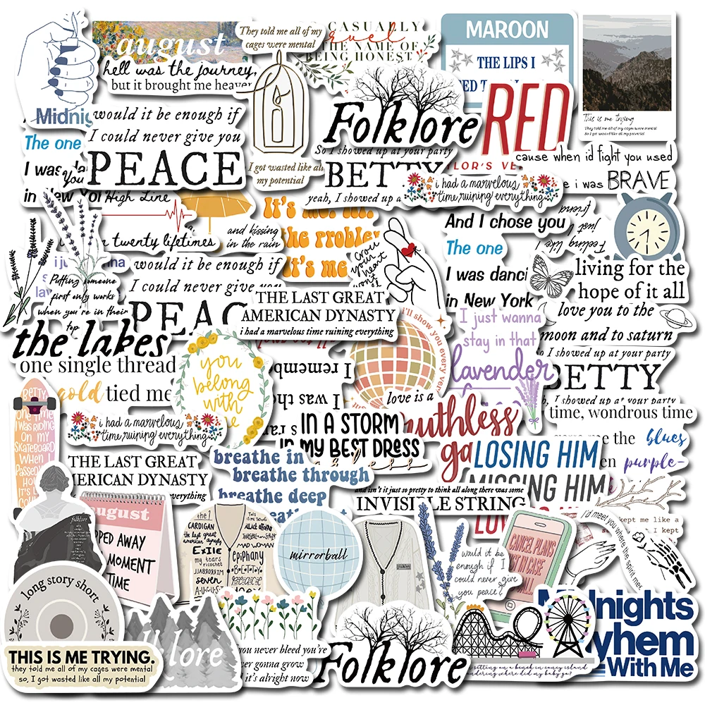 

10/52pcs Inspired Singer Album Folklore+Red Stickers DIY Waterproof Laptop Fridge Guitar Luggage Car Kids Sticker Decals Toys