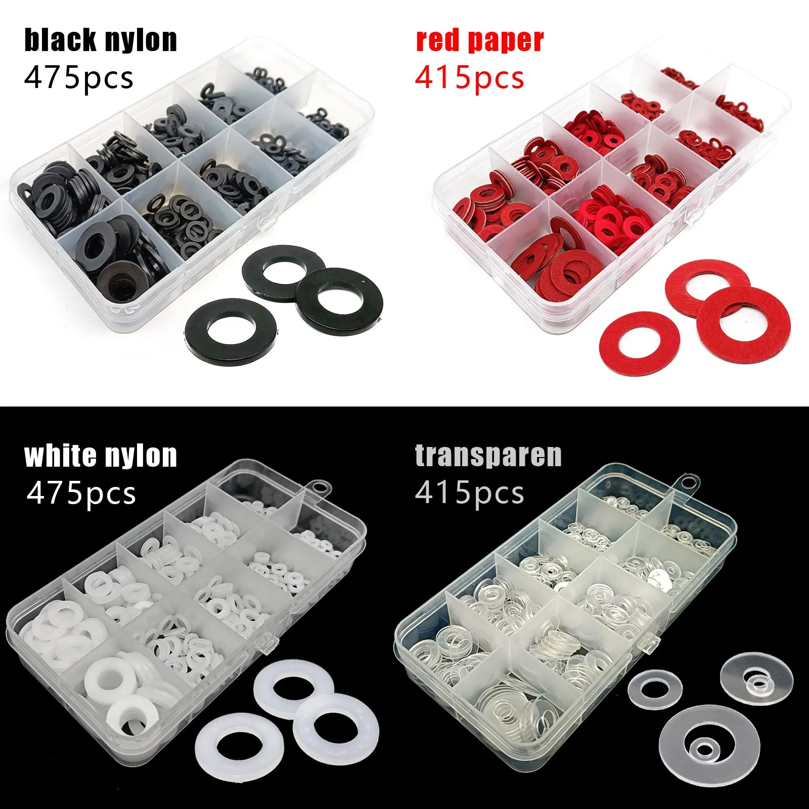 415/475pcs M2 M2.5 M3 M4 M5 M6 M8 Plastic Nylon Flat Washer Spacer Insulation Transparent Red Paper Gasket Mix Size Kit Set Box