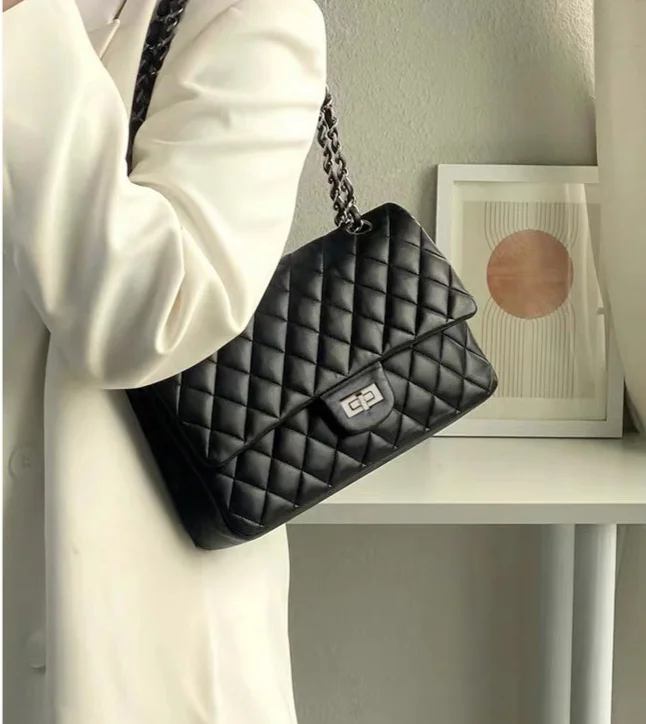 Damen Stepptasche Aus Lammleder Mit Kette Umhängetasche_voghion.com