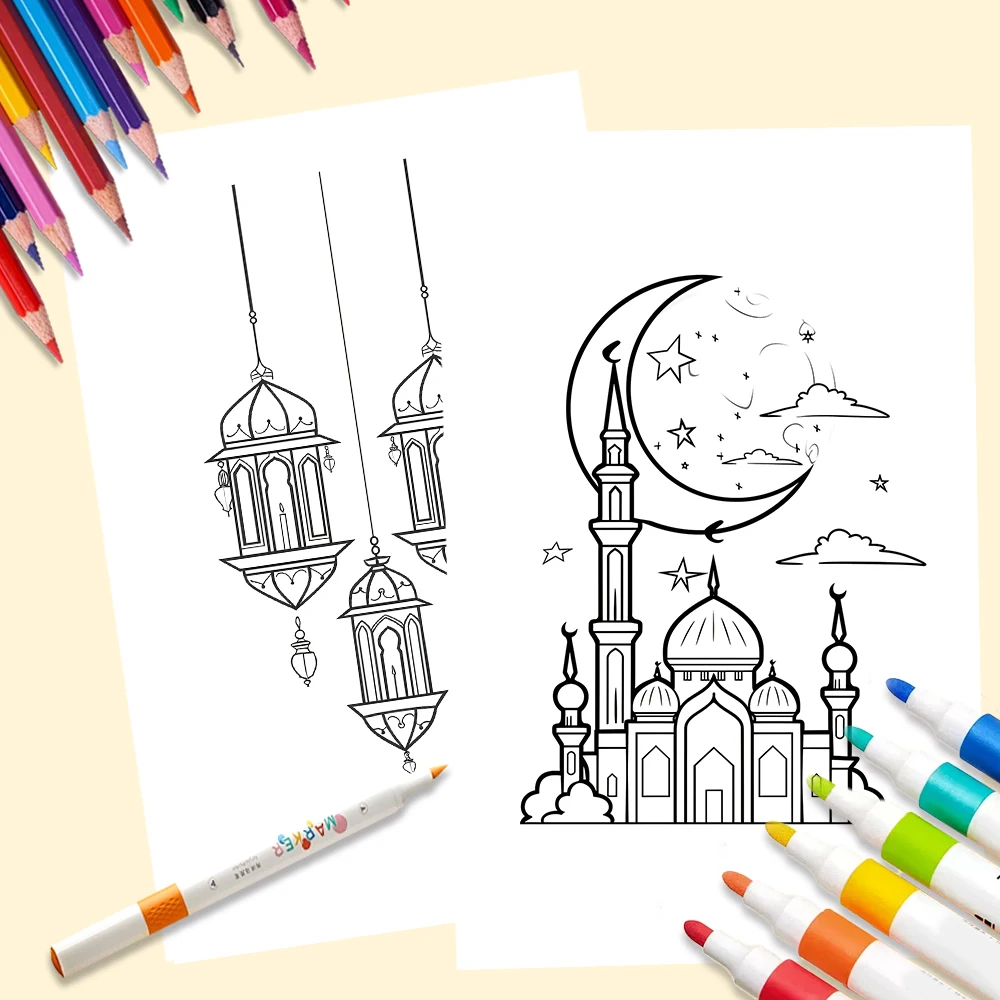32pcs, Eid Doodle Colouring Cards, DIY Colouring Cards, Eid Painting Cards, Moon, Stars, Lanterns Family and Party Activities 6