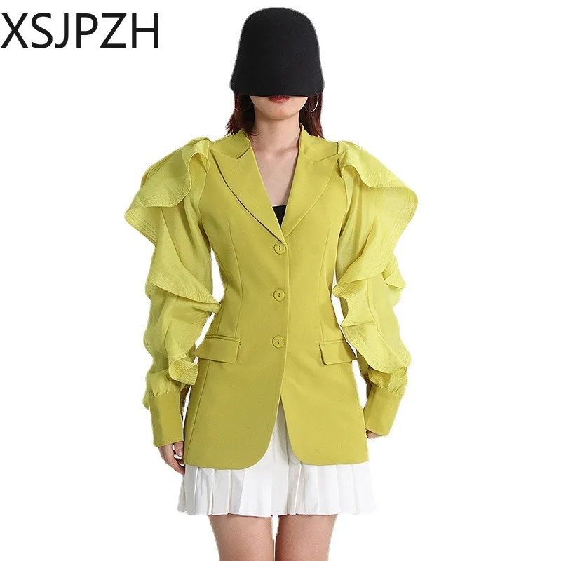 

XSJPZH Notched Collar Long Sleeve Solid Loose Blazers Female Spring Clothing Style New Asymmetrical Fashion Blazer For Women