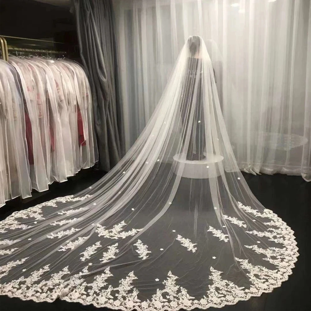 

2022 Bridal Veil Cathedral Length Wedding Veil 1 Tier Long Lace Edge Veil White Ivory Veil for Bride Floral Lace Trim Veil 300cm