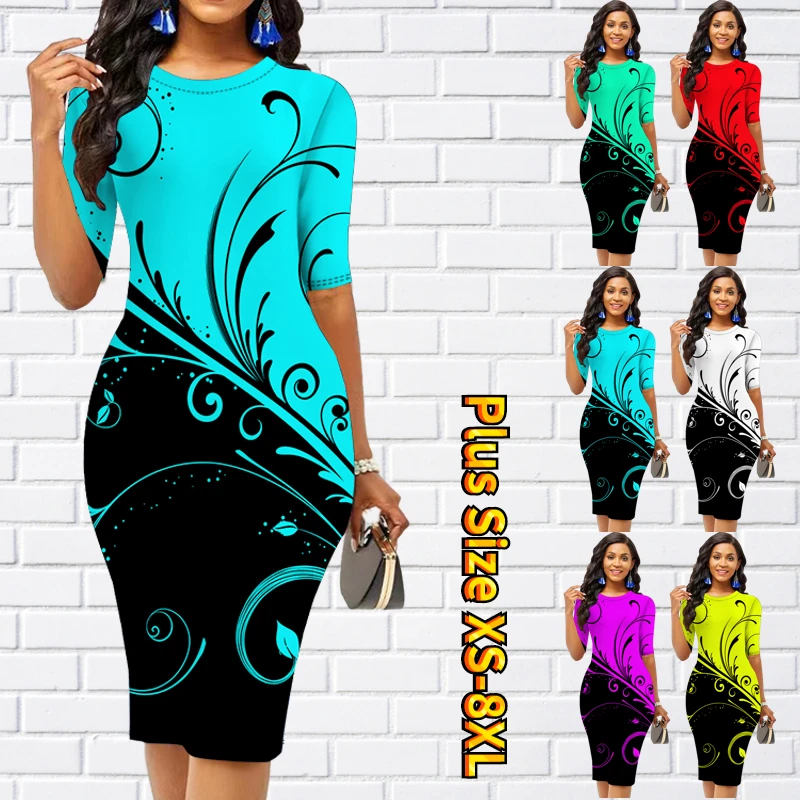

2023 Summer Women Round Neck Knee-length Skirt Vintage Midi Skirt New Design Printing Slim Skirt Fashion Half-sleeve Skirt Dress