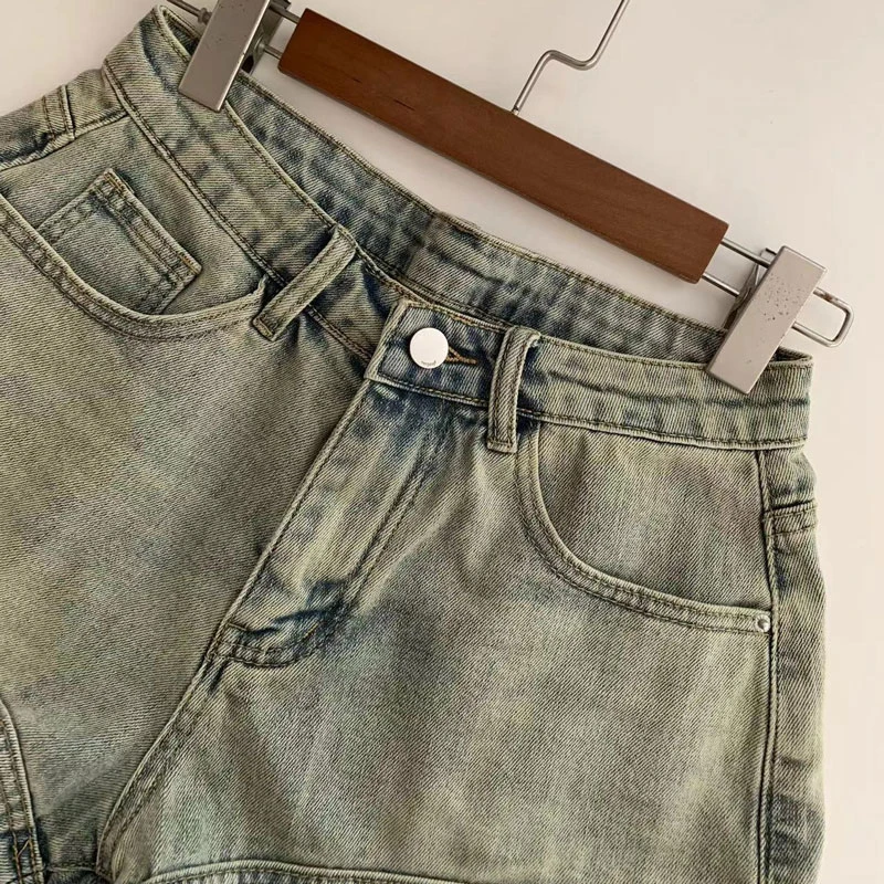 Spice Girls American Yellow Clay Denim Shorts Women Wrap Hip Straight Stretch Design High Waist Pocket Zipper Wide Leg Hot Pants