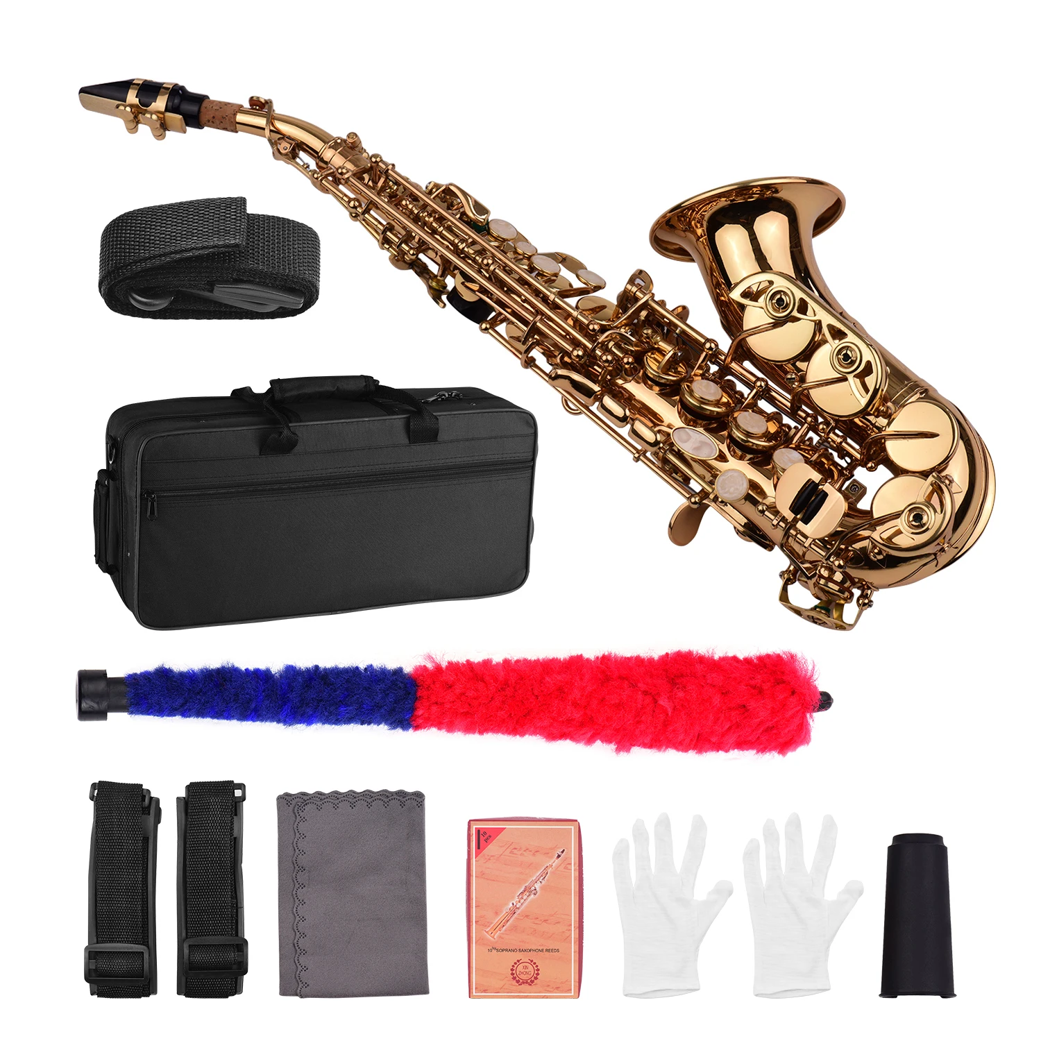 Mini Bb Soprano Saxophone Sax Brass Material Gold Laquer Surface Woodwind Instrument with Carry Case Gloves Cleaning Cloth Brush