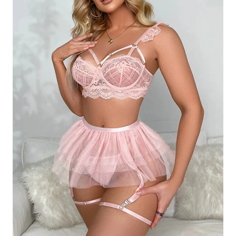 Women Lingerie ECTOOKO Three Point Garter Embroidered Lingerie Kit Push Up Seamless Underwear Sissy Tulle Exotic Sets