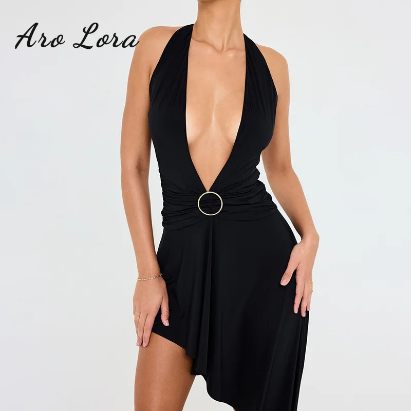 

Sexy Deep V Neck Backless Dress For Women 2023 Summer Halter Irregular Pleated Maxi Dress Female Black Party Sleeveless Vestidos