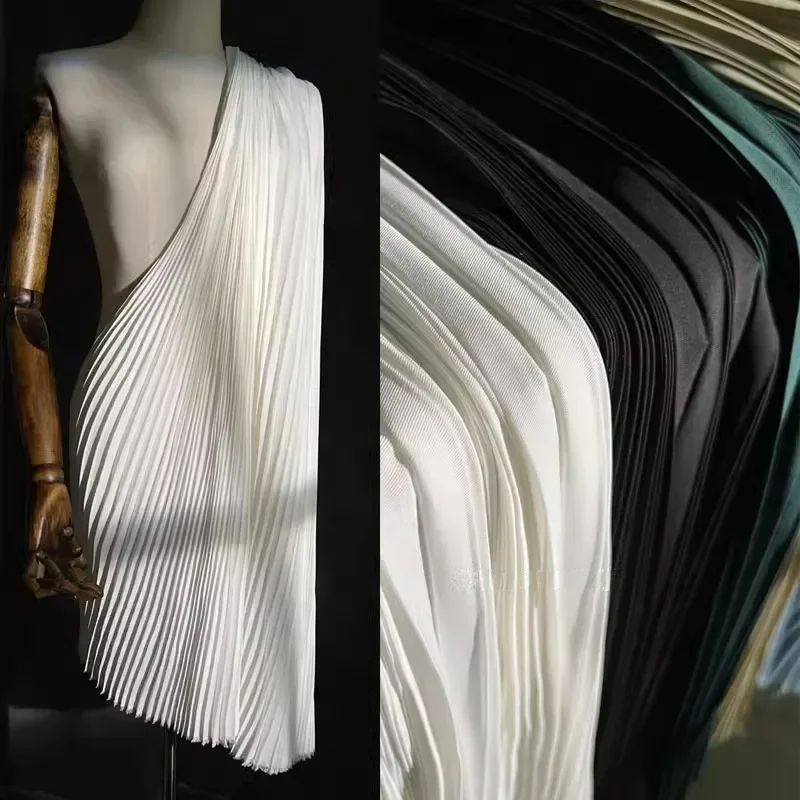 Twill Pleated Fabric Designer Cloth for Sewing Clothing Skirts Decorative Breathable Comfortable Polyester Textile White Black 1