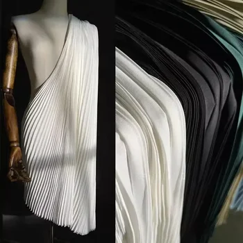 Twill Pleated Fabric Designer Cloth for Sewing Clothing Skirts Decorative Breathable Comfortable Polyester Textile White Black 1