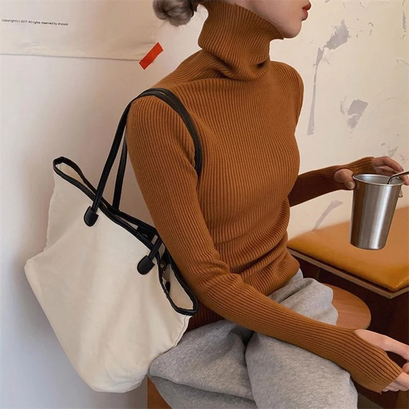 Autumn and Winter New Women's Clothing Turtleneck Women's Long-sleeved Sweater Solid Color Elegant Knitwear Bottoming Jumper