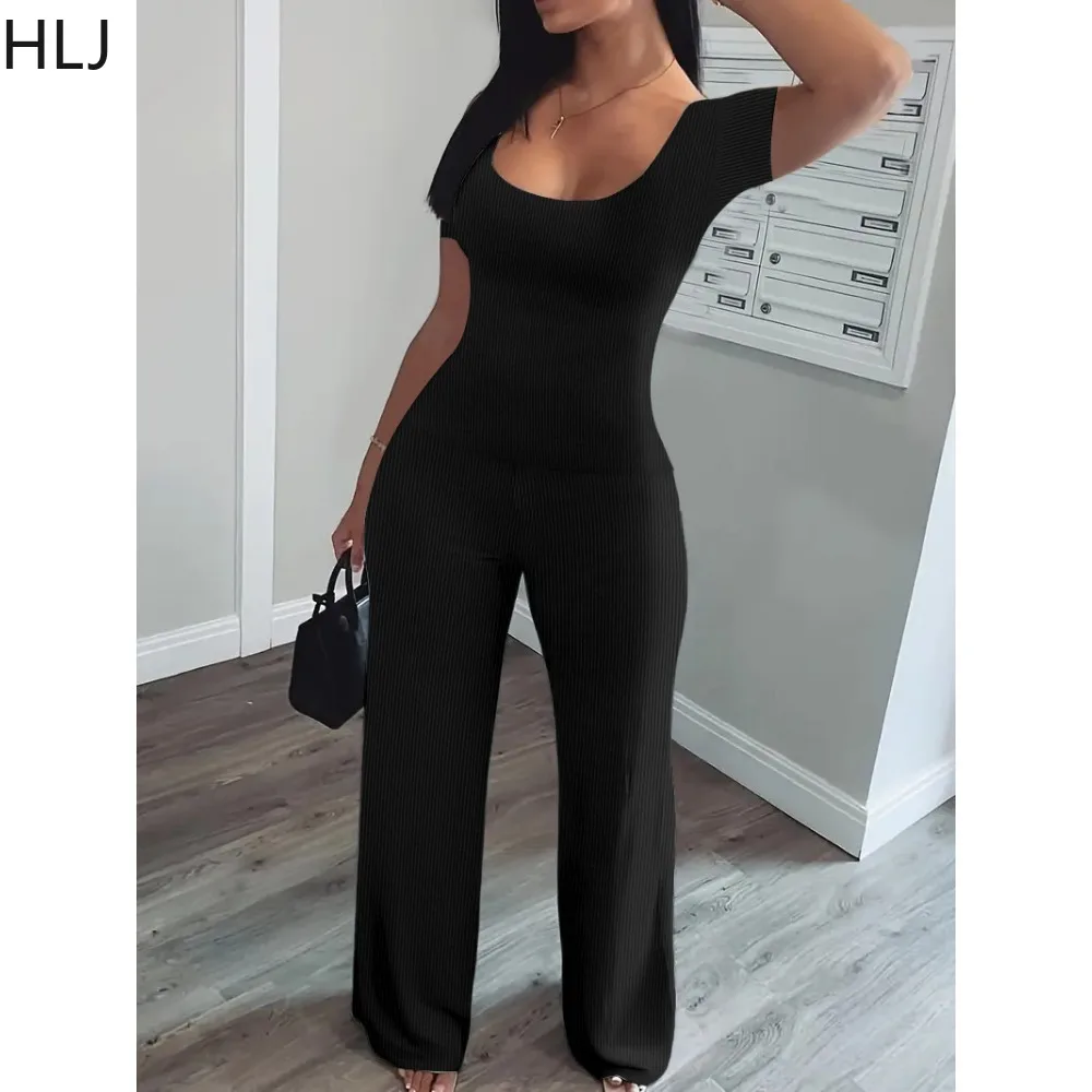 HLJ Spring New Ribber Two Piece Sets Women Square Neck Long Sleeve Top And Wide Leg Pants Tracksuits Casual Home 2pcs Outfits