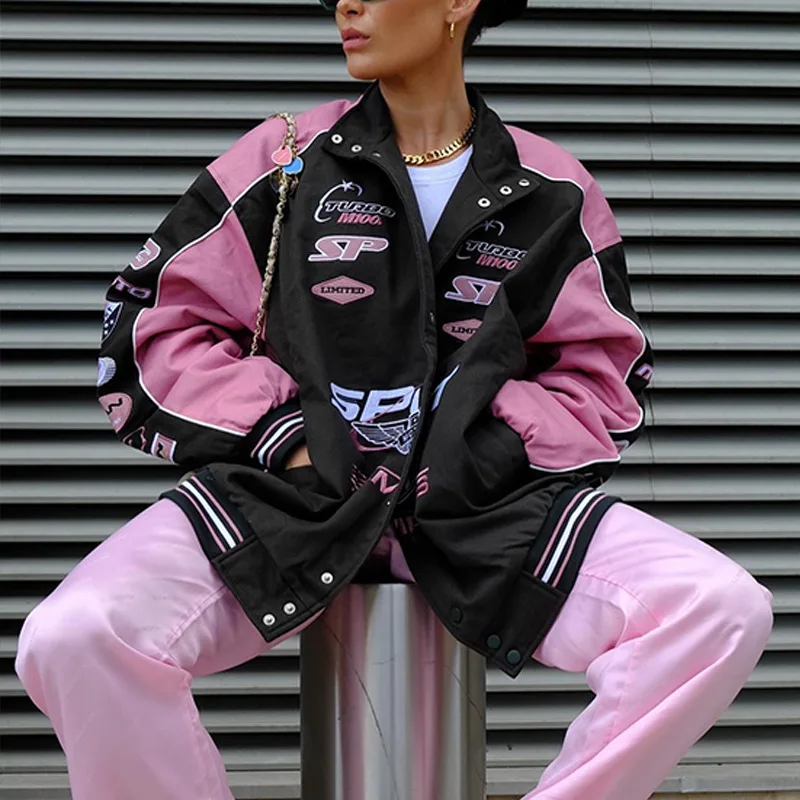 Trench Baseball Pink Jacket Varsity Y2K Streetwear Winter Women Clothes 2023 Long Racer Patchwork Jackets Letterman Coats puma fun racer ac infant 19297213pristine sunset pink