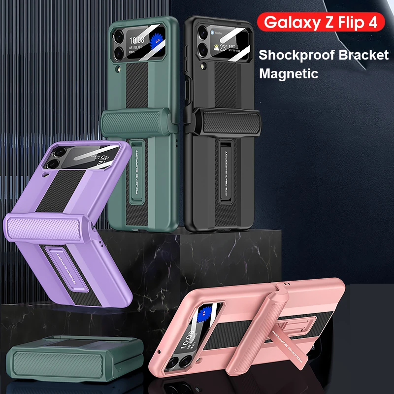 

Shockproof Bracket Magnetic Case For Samsung Galaxy Z Flip 4 Adsorption Kickstand Carbon Fiber Matte PC Phone Cover Z Flip 4 5G