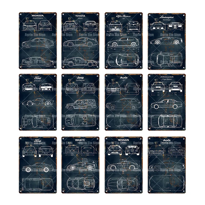 

Car Line Tin Sign Black And White Design Size Drawing Rust Retro Iron Painting Garage Club Room Gift Pin Up Wall Plaques Decor