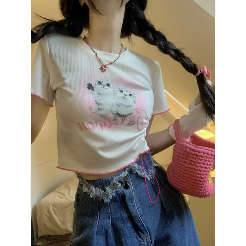 

Deeptown Y2k 2000s Kawaii Cat Crop Top Women Korean Fashion Drawstring Split Sleeves Tee Cute Streetwear Sweet Short Sleeve Tops