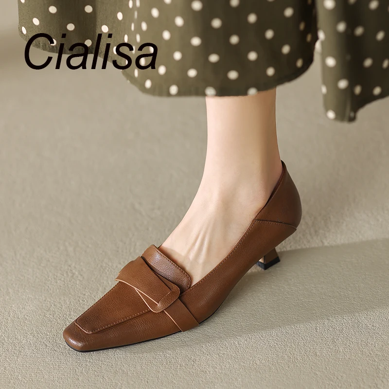 

Cialisa Women Shoes Vintage Genuine Leather Brown Square Toe Pumps 2023 Spring New Dress Elegant Mid Heels Slip-On Lady Footwear