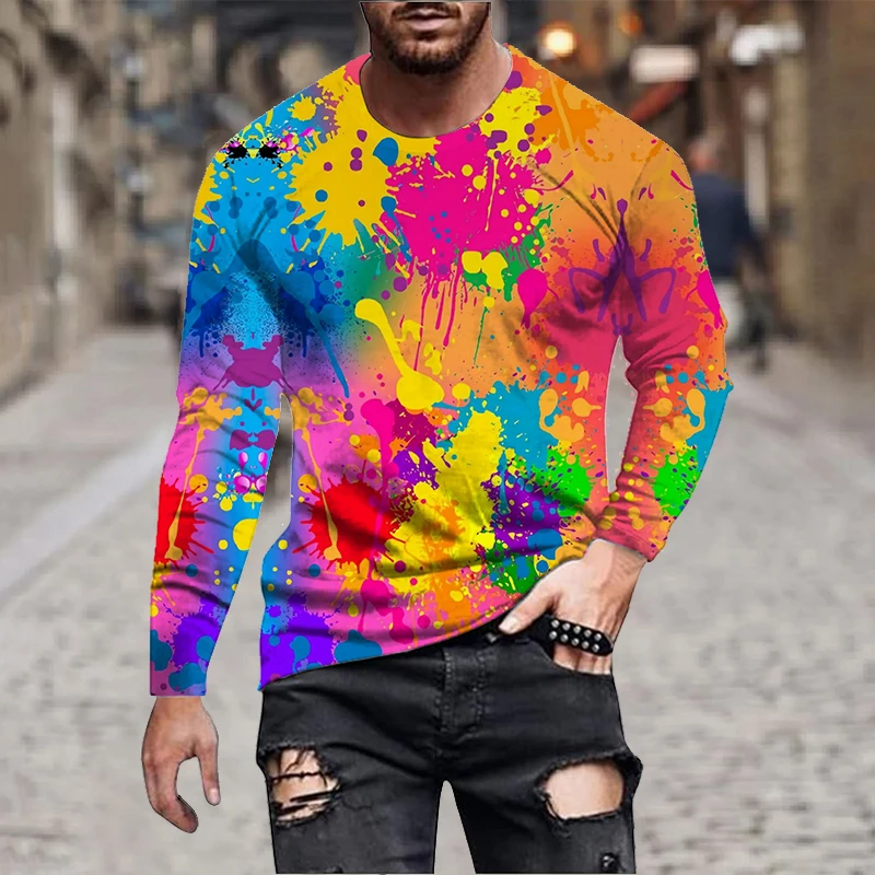 Mens Long Sleeve Tie Dye T Shirt Casual Streetwear